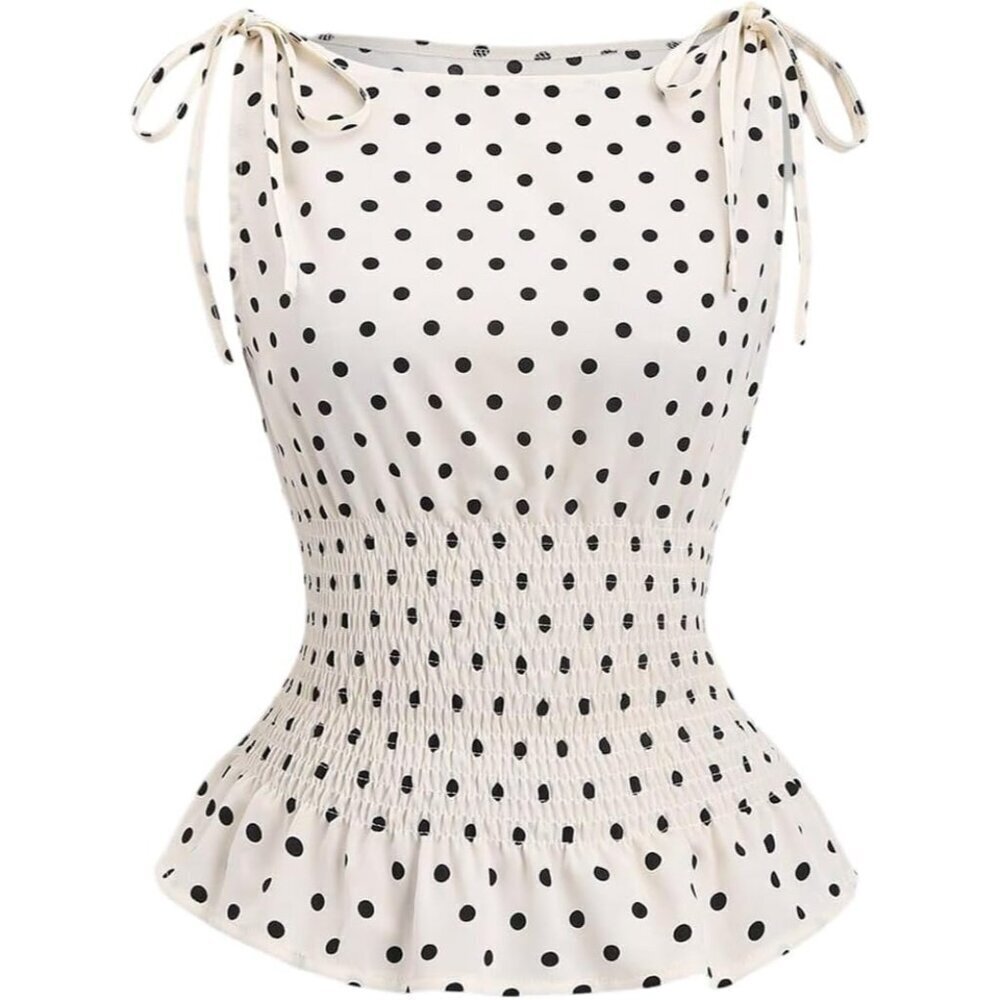 Women's Polka Dots Tank Top Sleeveless Tie Shoulder Smocked Casual Y2K